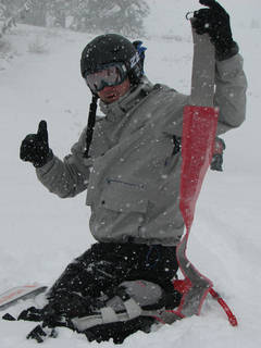 First Tracks!! Online staffer Matt Fatcheric tests the new Merrell Universal Jacket in a full-on Wasatch October blizzard. (photo: FTO/Marc Guido)