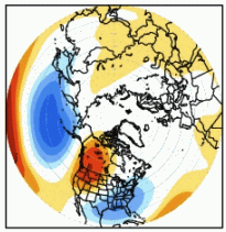 Colors show the temperature compared to average during a positive (+) PNA.<br />(Image: Climate Prediction Center)”></p>
<p><font face=