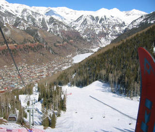 The gondola connecting Telluride and and Mountain Village rises directly from town.