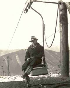 Larry McNeil of the Union Pacific Railroad tests the Proctor Mountain chairlift at Sun Valley, one of the first two in the world, in December 1936. (photo: U.S. Library of Congress)