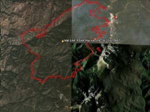 The Pacheco fire perimeter on Tuesday, June 28, 2011 superimposed upon satellite imagery. The slopes of Ski Santa Fe are visible at the bottom of the image. (image: Google Earth) The Pacheco fire perimeter on Tuesday, June 28, 2011 superimposed upon satellite imagery. The slopes of Ski Santa Fe are visible at the bottom of the image. (image: Google Earth)