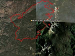 The Pacheco fire perimeter on Tuesday, June 28, 2011 superimposed upon satellite imagery. The slopes of Ski Santa Fe are visible at the bottom of the image. (image: Google Earth)