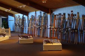 A display of old skis on the second floor of the U.S. National Ski & Snowboard Hall of Fame in Ishpeming, Mich. (photo: FTO/Kevin Gawenus)