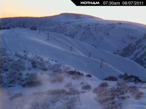 Hotham's Heavenly Valley webcam shows accumulated new snow at dawn Friday. (image: Hotham) Hotham's Heavenly Valley webcam shows accumulated new snow at dawn Friday. (image: Hotham)