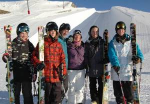 The Wells family (left to right: Jackson, Beau-James, Bruce, Stacy, Jossi & Byron) pose in front of Cardrona's new Pipe Platter on Tuesday. (photo: Cardrona Alpine Resort)