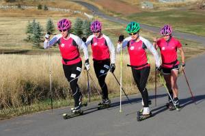 The 2012 U.S. Cross Country Ski Team trains with roller skis on the Olympic trails at Soldier Hollow near Midway, Utah including (from left) Kikkan Randall, Sadie Bjornsen, Jessie Diggins and Liz Stephen. (photo: USSA/Tom Kelly) The 2012 U.S. Cross Country Ski Team trains with roller skis on the Olympic trails at Soldier Hollow near Midway, Utah including (from left) Kikkan Randall, Sadie Bjornsen, Jessie Diggins and Liz Stephen. (photo: USSA/Tom Kelly)