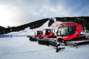 Snow cats are lined up in the finish area of the U.S. Ski Team Speed Center at Copper on Tuesday, with full length downhill training for the U.S. Ski Team. (photo: USSA/Tom Kelly)