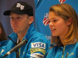 Aerials skier Ashley Caldwell discusses her new triple maneuvers at Tuesday's 2012 U.S. Freestyle Ski Team announcement while moguls specialist Byron Wilson looks on. (photo: FTO/Marc Guido) Aerials skier Ashley Caldwell discusses her new triple maneuvers at Tuesday's 2012 U.S. Freestyle Ski Team announcement while moguls specialist Byron Wilson looks on. (photo: FTO/Marc Guido)