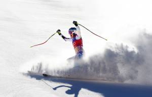 Lindsey Vonn celebrates in the finish line after taking the lead in the Audi Birds of Prey super G on Wednesday. (photo: U.S. Ski Team/Tom Kelly) Lindsey Vonn celebrates in the finish line after taking the lead in the Audi Birds of Prey super G on Wednesday. (photo: U.S. Ski Team/Tom Kelly)