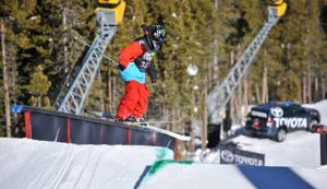 Tom Wallisch slides to victory in Sunday's freeski slopestyle finals at the Winter Dew Tour Nike Open in Breckenridge, Colo. (photo: Alli Sports) Tom Wallisch slides to victory in Sunday's freeski slopestyle finals at the Winter Dew Tour Nike Open in Breckenridge, Colo. (photo: Alli Sports)