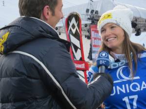 Julia Mancuso interviews with German television after finishing second in the Bad Kleinkirchheim, Austria downhill for her third podium of the World Cup season. (photo: Doug Haney/U.S. Ski Team) Julia Mancuso interviews with German television after finishing second in the Bad Kleinkirchheim, Austria downhill for her third podium of the World Cup season. (photo: Doug Haney/U.S. Ski Team)