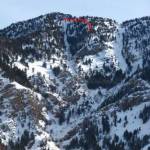 In this photo from the Utah Avalanche Center of the avalanche on Kessler Peak that killed Alecsander Barton on Saturday, the slide's crown is marked with a red wavy line, while Barton's body was discovered near the red X. (photo: UAC) In this photo from the Utah Avalanche Center of the avalanche on Kessler Peak that killed Alecsander Barton on Saturday, the slide's crown is marked with a red wavy line, while Barton's body was discovered near the red X. (photo: UAC)
