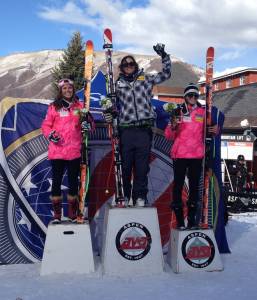 The women's U.S. downhill championship podium from Aspen, Colo. on Wednesday. (L to R) Abby Ghent 2nd, Julia Ford 1st, Brooke Wales 3rd (photo: Brad Ghent)