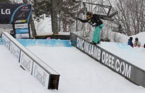 Dutch snowboarder Charlotte Van Gils competes in her first World Cup event ever at Sunday's slopestyle at Stoneham, Quebec, Canada. (photo: FIS/Oliver Kraus)