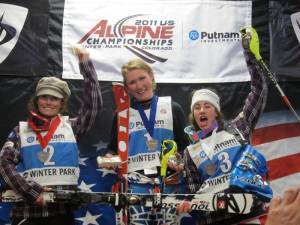 Mikaela Shiffrin, of Eagle, Colo. (center) after winning the women's slalom title at the Putnam Investments U.S. Alpine Championships in 2011 in Winter Park, Colo. She is flanked by Sarah Schleper (l) and Resi Stiegler (r) (photo: Doug Haney/U.S. Ski Team) Mikaela Shiffrin, of Eagle, Colo. (center) after winning the women's slalom title at the Putnam Investments U.S. Alpine Championships in 2011 in Winter Park, Colo. She is flanked by Sarah Schleper (l) and Resi Stiegler (r) (photo: Doug Haney/U.S. Ski Team)
