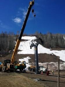 Workers on April 24 dismantle the Vista Bahn chairlift at Vail Mountain to make way for a new gondola lift for 2012-13. (photo: Vail Resorts)