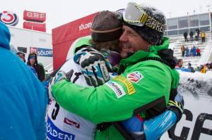 American ski racer Ted Ligety celebrates with Team USA head coach Sasha Rearick after winning the men's Giant Slalom at the Audi FIS Alpine Ski World Cup on Sunday in Solden, Austria. (photo: Mitchell Gunn/Getty Images)