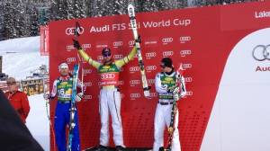 Sunday's World Cup men's super G podium in Lake Louise, Canada (photo: FIS)