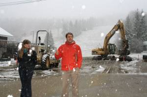 Pico Ski Education Foundation Secretary Tom Aicher speaks at Tuesday's groundbreaking ceremony while Vermont Adaptive Ski and Sports Executive Director Erin Fernandez looks on. (photo: Vermont Adaptive)