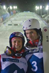 Americans Heather McPhie and Jeremy Cota after finishing first and third, respectively, in the World Cup moguls opener on Saturday in Ruka, Finland. (photo: Garth Hager)