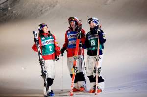 An American sweep. Thursday night's women's podium at Deer Valley (L to R): Heather McPhie (2nd), Hannah Kearney (1st) and Eliza Outtrim (3rd) (photo: Sarah Brunson/U.S. Ski Team)