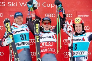 Bode Miller, left, and Ted Ligety, center, celebrate along with Austria's Marcel Hirscher on Sunday's giant slalom podium in Beaver Creek, Colo. (photo: Jesse Starr/Vail Resorts)
