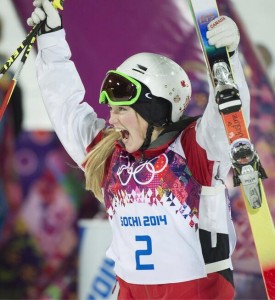 Justine Dufour-Lapointe celebrates Canada's first gold medal of the 2014 Olympic Winter Games, earned Saturday night in women's moguls. (photo: Canadian Olympic Team)