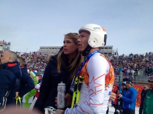 Bode Miller and wife Morgan Beck watch with disappointment from the finish line at Sunday's Men's Olympic Downhill in Rosa Khutor, Russia. (photo: Doug Haney/USST)