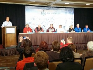 At Wednesday's press conference unveiling the concept of ONE Wasatch. L to R: Nathan Raffery, Ski Utah; Onno Wieringa, Alta; Randy Doyle, Brighton; Mike Goar, Canyons; Bob Wheaton, Deer Valley; Jenni Smith, Park City Mountain; Bob Bonar, Snowbird. (photo: FTO/Marc Guido)