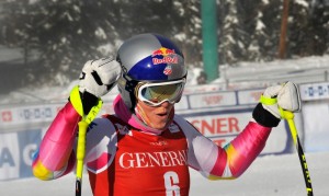 A relieved and confident Lindsey Vonn takes a deep breath after finishing the first training run for the Lake Louise Audi FIS Ski World Cup Downhill. (photo: U.S. Ski Team/Tom Kelly)