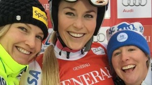 (L to R) Julia Mancuso, Lindsey Vonn and Stacey Cook celebrate the first-ever women’s World Cup podium sweep following Saturday’s downhill in Lake Louise (AB), Canada. (photo: U.S. Ski Team)