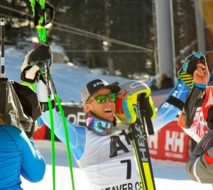 Ted Ligety, of Park City, Utah, celebrates victory in Sunday's World Cup giant slalom at Beaver Creek, Colo. (photo: U.S. Ski Team)