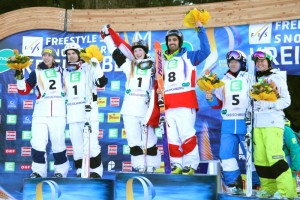 Sunday's World Championships moguls podium finishers in Kreischberg, Austria. (photo: FIS/Chad Buchholz)