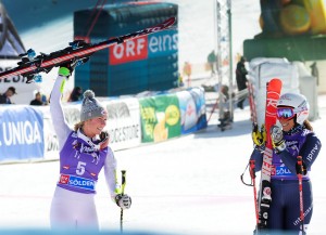 Mikaela Shiffrin celebrates a strong second run to finish second beside Italian skier Federica Brignone in the opening Audi FIS Ski World Cup in Soelden, Austria. (photo: U.S. Ski Team - Tom Kelly)