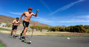 Andy Newell and Ben Saxson at U.S. Cross Country Ski Team roller ski training on the Olympic trails at Soldier Hollow, Utah. (photo: U.S. Ski Team/Tom Kelly)