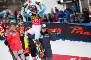 Mikaela Shiffrin's U.S. Ski Team teammates hoist her on their shoulders after winning a second slalom at the Nature Valley Aspen WInterational in Colorado on Sunday. (photo: Jeremy Swanson)