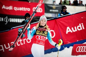 Mikaela Shiffrin, of Eagle, Colo., celebrates her second World Cup slalom victory in as many days on Sunday in Aspen. (photo: Sarah Brunson/U.S. Ski Team)