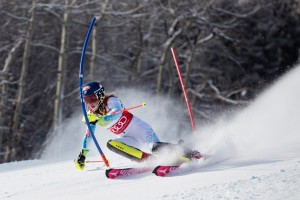 Mikaela Shiffrin, of Eagle, Colo., charges to victory in Saturday's World Cup Slalom at the Aspen Winternational in Aspen, Colo. (photo: Sarah Brunson/U.S. Ski Team)