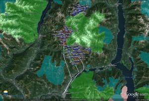 Kootenay Heli-Ski's proposed tenure area, landing zones and flight paths. (image: FrontCounter BC)