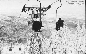 An old postcard depicts riding Stowe's fabled single chair with blankets from nearby Johnson Woolen Mills.