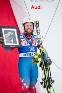 New York State's Andrew Weibrecht celebrates his first-ever World Cup podium finish on Saturday in Beaver Creek, Colo. (photo:  Justin Samuels/U.S. Ski Team)