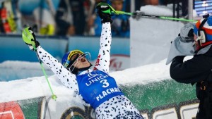 Slovakia's Veronika Velez Zuzulova celebrates her third World Cup slalom victory on Tuesday night under the lights in Flachau, Austria. (photo: Agence Zoom/FIS)