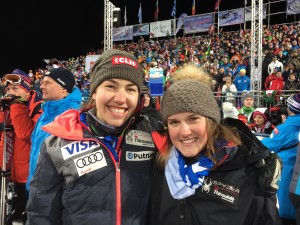 Lile Lapanja (left) and Paula Moltzan celebrate their first World Cup points in a slalom at Flachau, Austria last week. (photo: U.S. Ski Team)