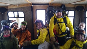 On the ride in. L to R: Guests Mandy, Shawn and Terry, guides Kevin Sheridan, mountain ops manager Tommy Keating, guide Gina Thomason, and co-owner Doug Scovel. (photo: FTO/Marc Guido)