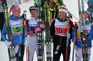 Sadie Bjornsen, Jessie Diggins, Sophie Caldwell and Liz Stephen celebrate their second place in a World Cup 4x5k relay on Sunday in Nove Mesto, Czech Republic. (photo: Getty/AFP-Michal Cizek via USST)