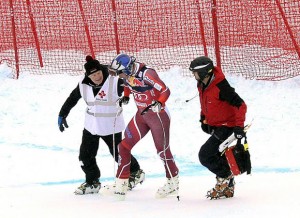 Norway's Aksel Lund Svindal is assisted by medical staff after crashing during the men's downhill race of the Audi FIS Ski World Cup in Kitzbuehel, Austria, last January. (photo: Getty/AFP-Robert Jaeger via USST)