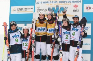 Five Canadians stand on the FIS Freestyle Ski World Cup Moguls podium in Calgary, Alberta on Saturday. (photo: Mike Ridewood / Canadian Freestyle Ski Association)