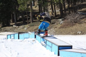 A skier rides a box feature on Sunday at Mountain High Resort in Wrightwood, Calif. (photo: Mountain High Resort)