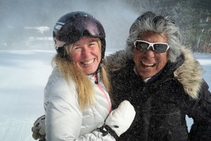 1988 USA Olympian skier Pam Fletcher and freestyle ski pioneer Wayne Wong pose under snow guns during Wong’s 2016 annual visit to Nashoba Valley Ski Area in eastern Massachusetts. (photo: FTO/Martin Griff)