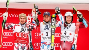 Sunday's World Cup giant slalom podium in Hinterstoder, Austria. (photo: FIS/Agence Zoom)